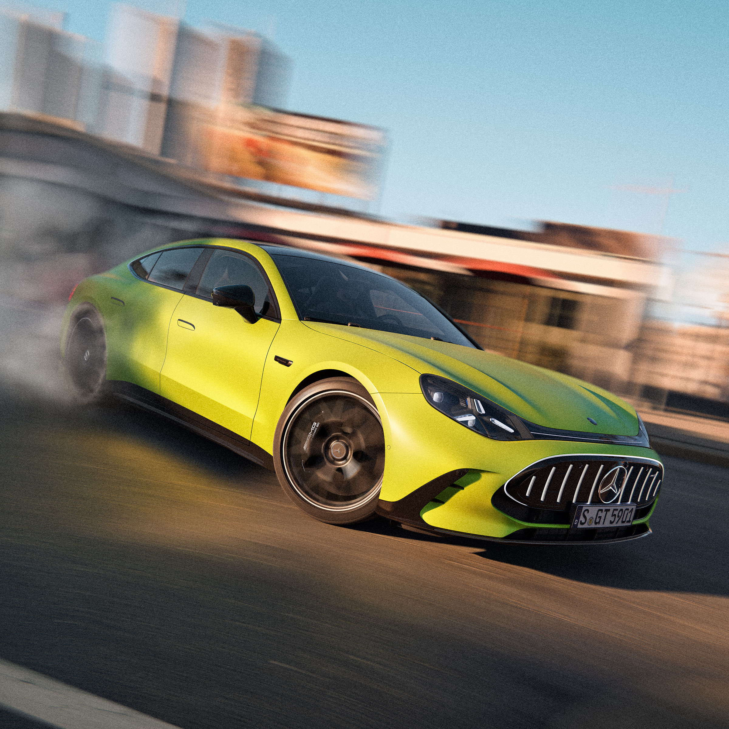 Världspremiär | Den nya Mercedes-AMG GT 4-dörrars Coupé Neonfärgad Mercedes-AMG GT 4-dörrars Coupé som kör i hög hastighet.