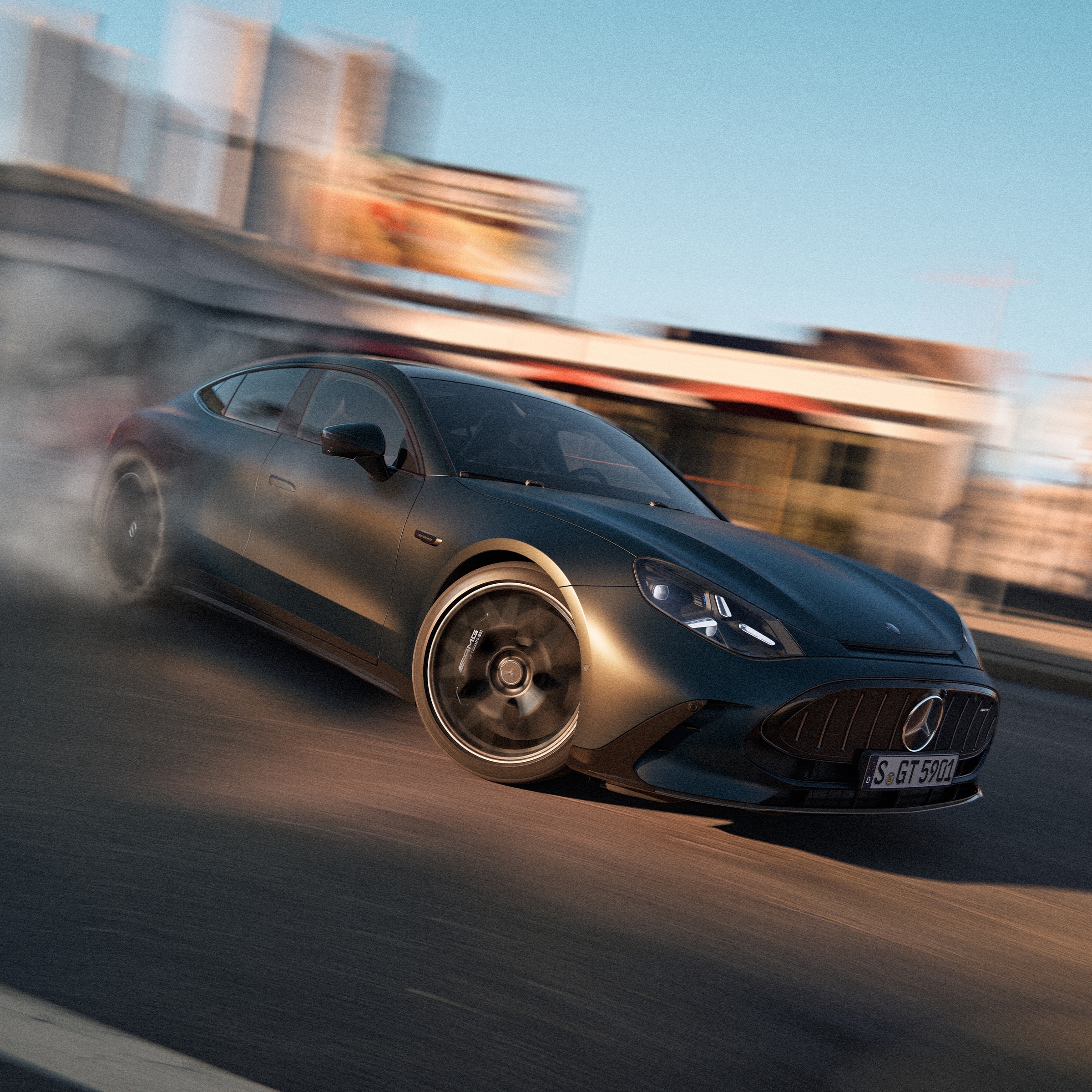 Världspremiär | Den nya Mercedes-AMG GT 4-dörrars Coupé Neonfärgad Mercedes-AMG GT 4-dörrars Coupé som kör i hög hastighet.