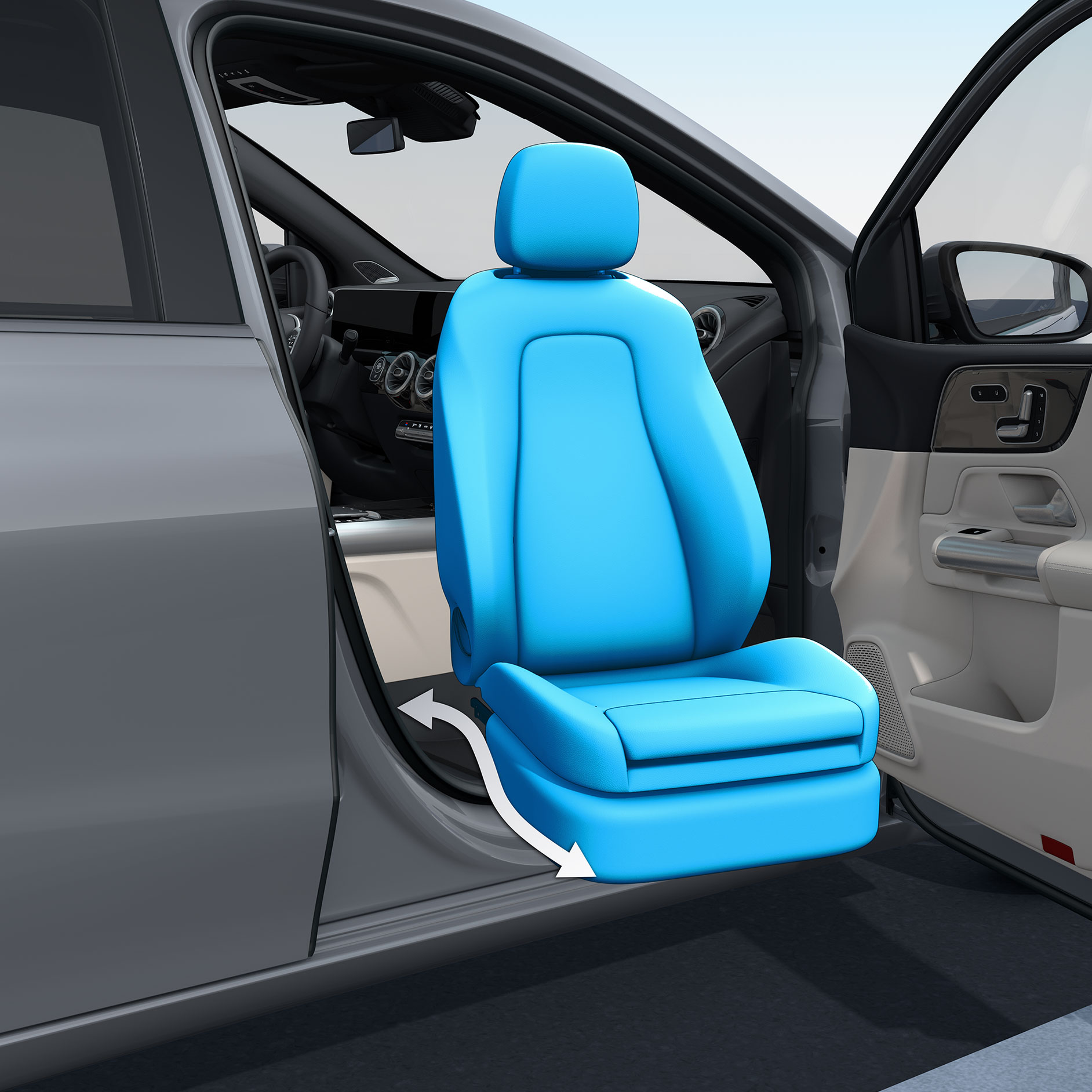 Vrid- samt höj- och sänkbar stol Turny-Evo | Körhjälpmedel | Mercedes-Benz En öppen passagerardörr i funktionshinderanpassad bil med den vrid-, höj- och sänkbara stolen Turny-Evo.