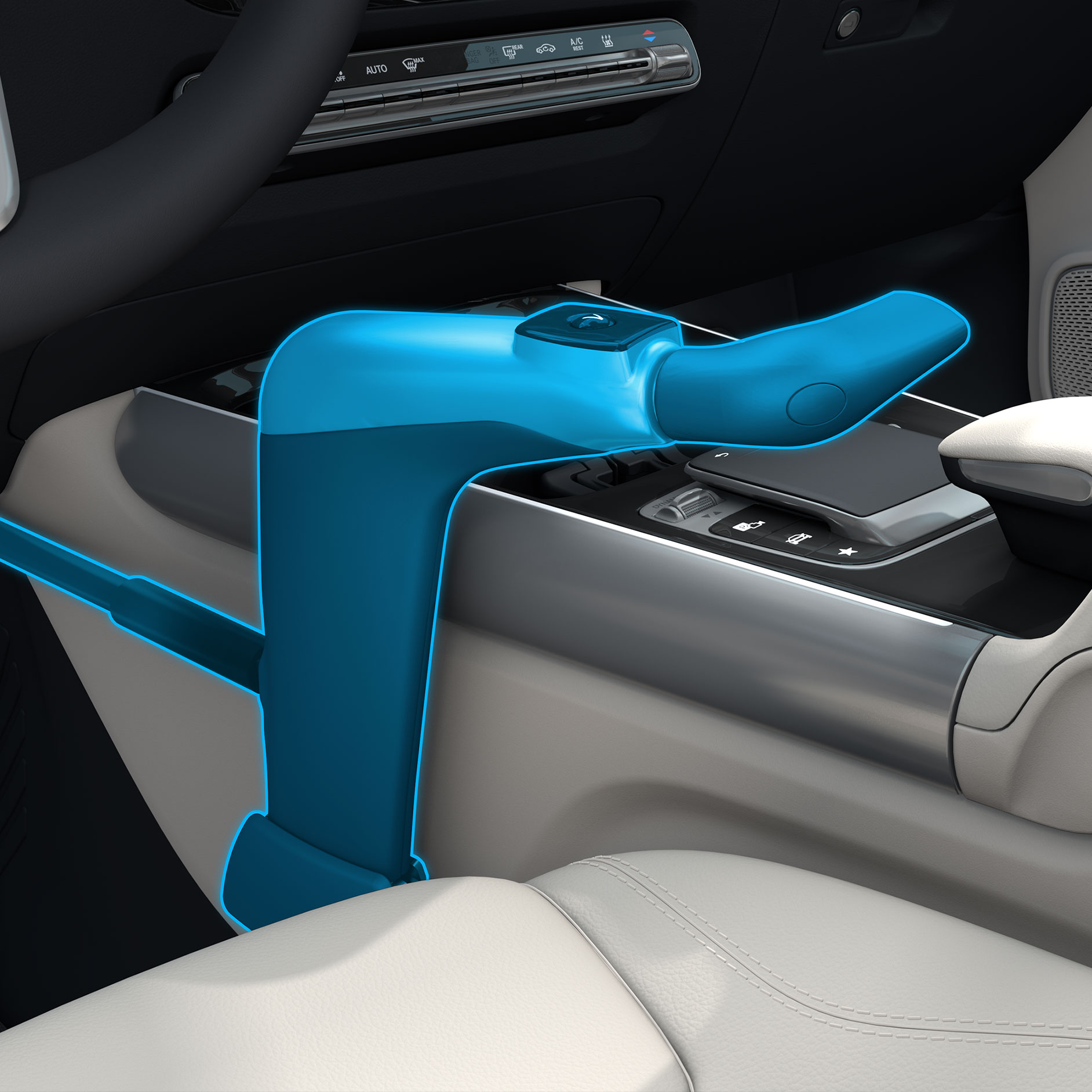 Handreglage Classic | Körhjälpmedel | Mercedes-Benz En detaljerad bild av handreglaget Classic i en funktionshinderanpassad bil.