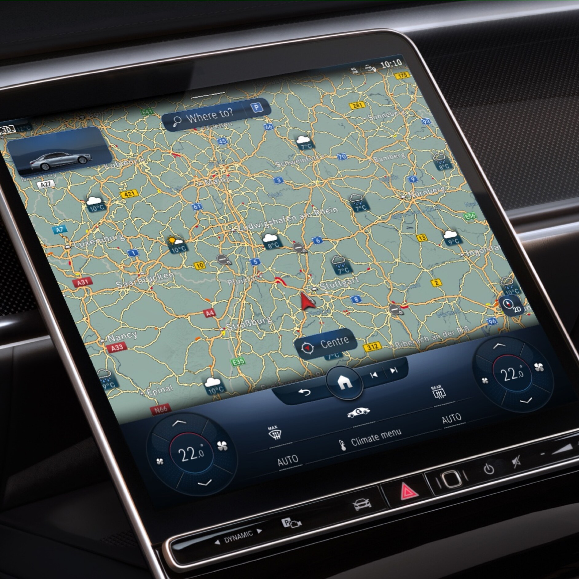 Väderkarta | Navigation | Mercedes-Benz digitala tjänster Digitala tjänsten Väderkarta visar väderprognosen för destinationen på skärmen.