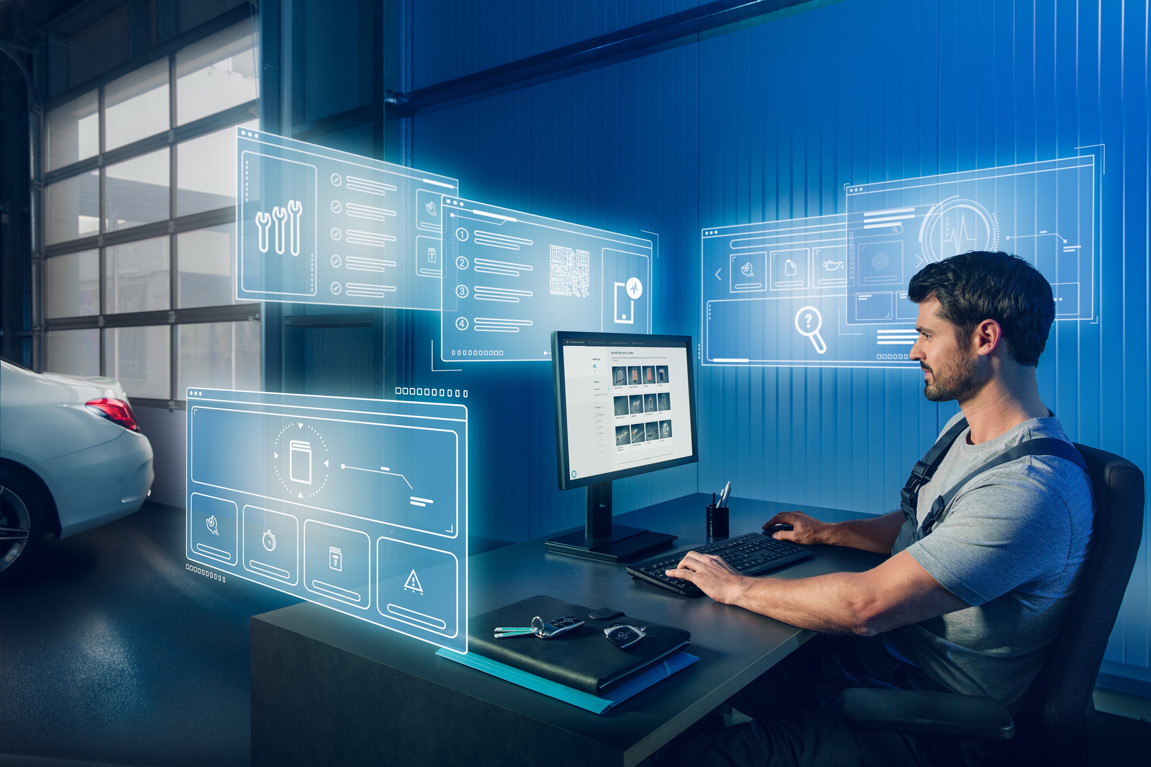 Mercedes-Benz | Transportbilar Kvalitet Originaldelar Mekaniker söker efter lämpliga Mercedes-Benz Originaldelar i Mercedes reservdelskatalog på datorn.